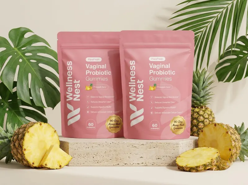 Two matte pastel-pink FloraFresh stand-up pouches with Personalized 7-Day Protocol Ebook Guide
