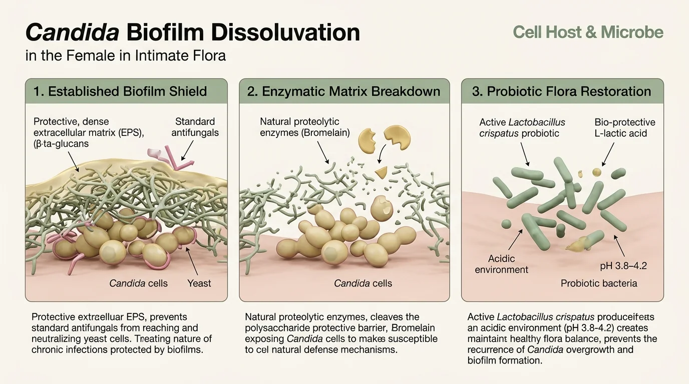 Candida biofilm dissolution in female intimate flora across 3 stages