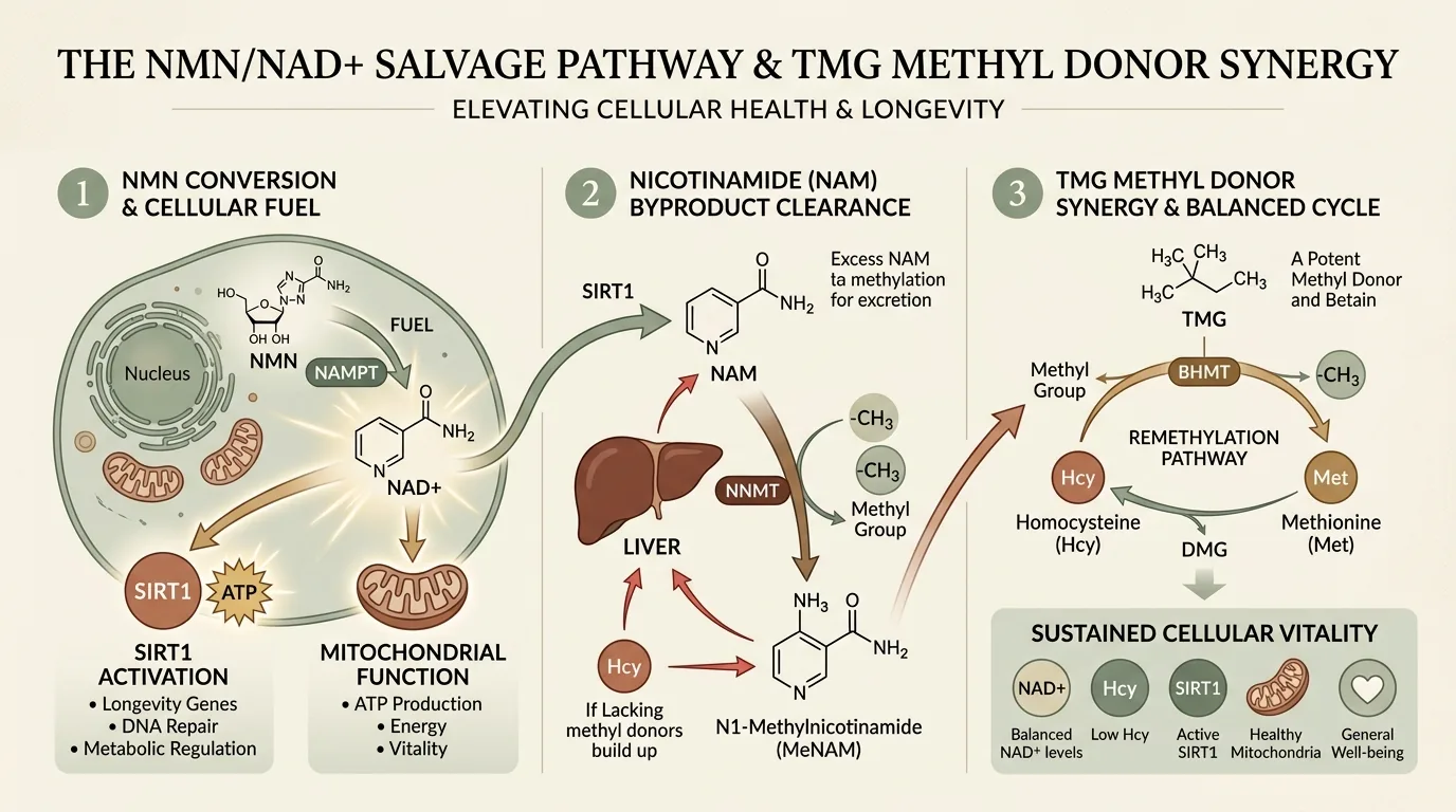 Diagram illustrating intracellular NAD+ depletion and mitochondrial ATP failure in dermal fibroblasts