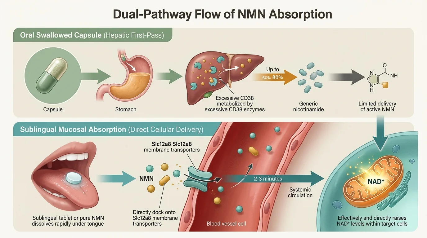 Dual-Pathway flow of NMN absorption: oral capsule hepatic first-pass vs sublingual Slc12a8 rapid transport
