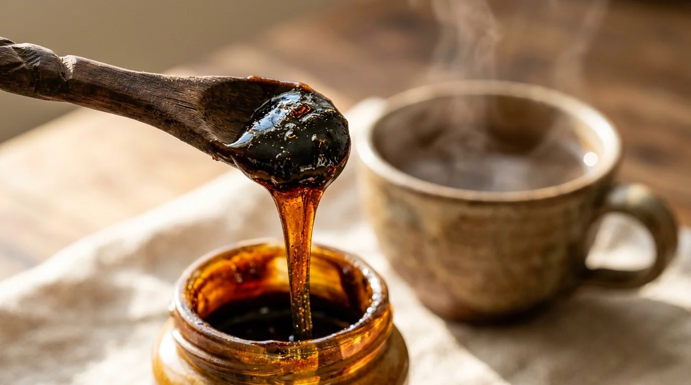 Pure gold-grade Himalayan Shilajit resin texture and spoon purity test